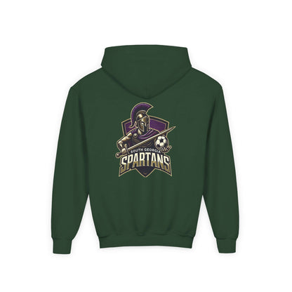Spartans Youth Hoodie — South Georgia Spartans Soccer Team Logo in forest green with bold Spartan emblem on back.