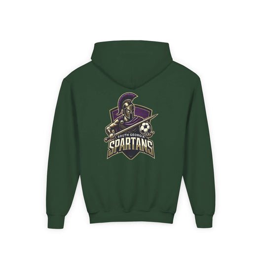 Spartans Youth Hoodie — South Georgia Spartans Soccer Team Logo in forest green with bold Spartan emblem on back.
