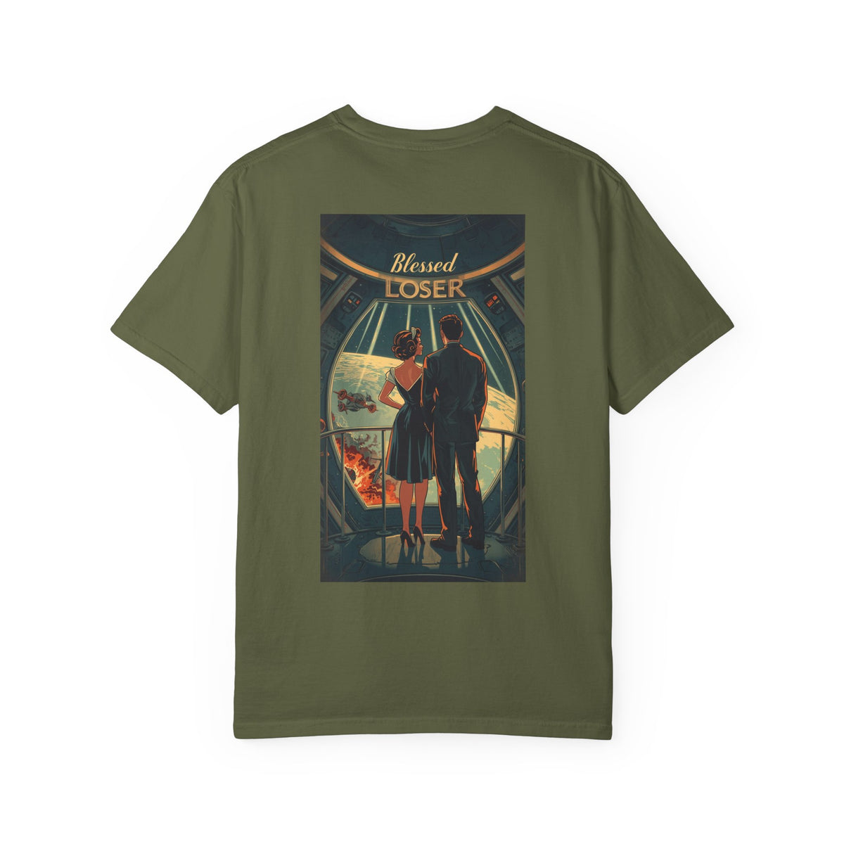 Retro Blessed Loser T-Shirt Comfort Colors in hemp with artistic design featuring a couple looking at space.
