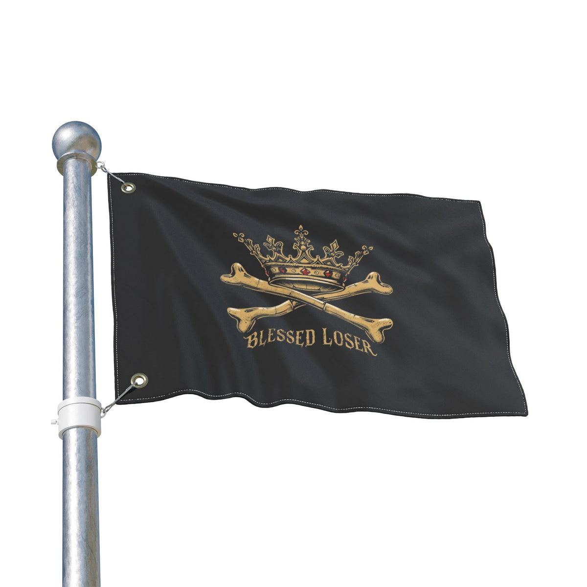 Double-Sided Blessed loser pirate flag with crown and crossed bones on a black background.