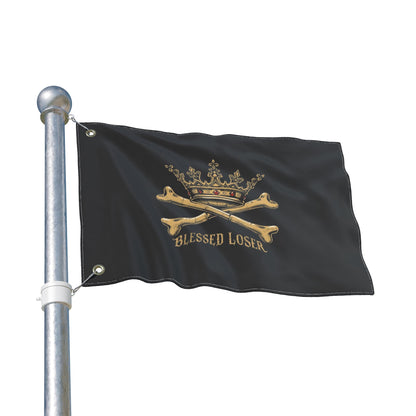 Double-Sided Blessed loser pirate flag with crown and crossed bones on a black background.