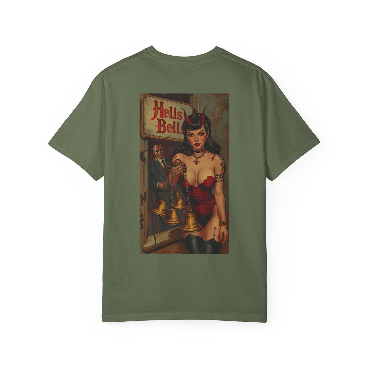 Hells bells Tshirt, Blessed Loser in sage color features a bold graphic design and relaxed fit, perfect for casual wear.