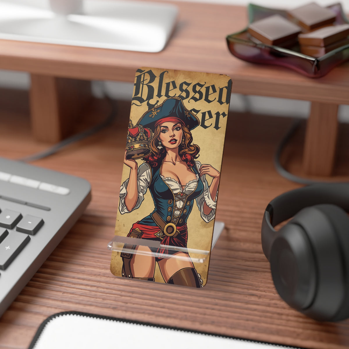 Pirate Pin-Up Smartphone Stand — "Blessed Loser" Mobile Display Holder