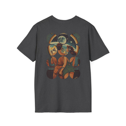 Back view of Blessed Loser graphic Tee | T-Shirt featuring an artistic design of two people gazing at a cosmic view.
