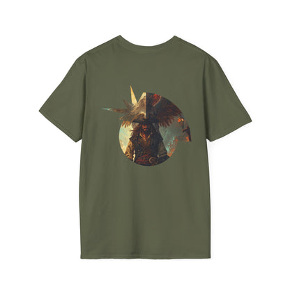 Back view of a pirate-themed graphic tee showcasing vibrant artwork on an olive green background.