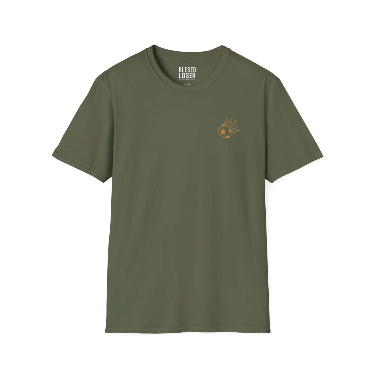 Blessed to Lose, Honored to Win T-Shirt in olive green with front graphic detail.