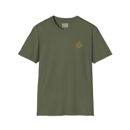 Blessed to Lose, Honored to Win T-Shirt in olive green with front graphic detail.