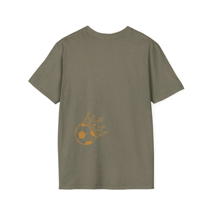 Soccer Splash T-Shirt — "Play Hard, Live" Colorful Football Graphic back view showing crowned soccer ball design.