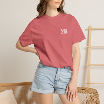 Pirate Woman Illustration T-Shirt | Blessed Loser Graphic Tee featuring a woman in a coral tee with relaxed fit.