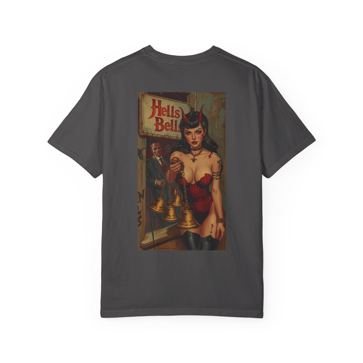 Hells bells Tshirt, Blessed Loser featuring a unique graphic design on a graphite garment-dyed t-shirt.