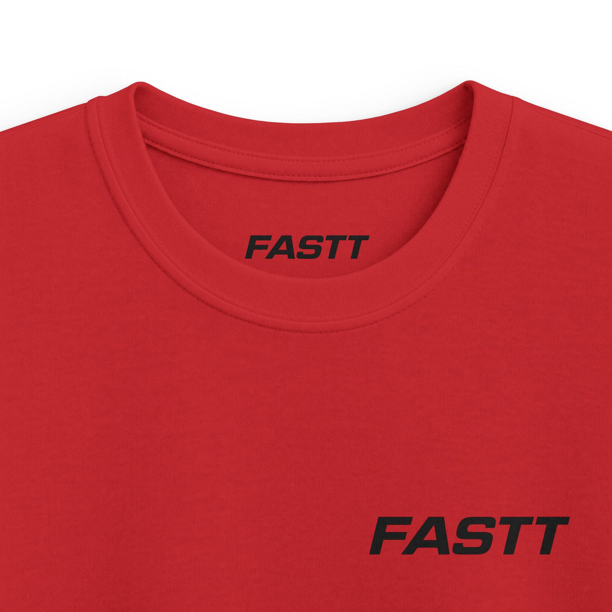 Kids Tee — 'FASTT' Soccer Ball with Crown Graphic Youth футболка, red shirt with FASTT wordmark on collar.
