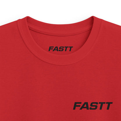 Kids Tee — 'FASTT' Soccer Ball with Crown Graphic Youth футболка, red shirt with FASTT wordmark on collar.