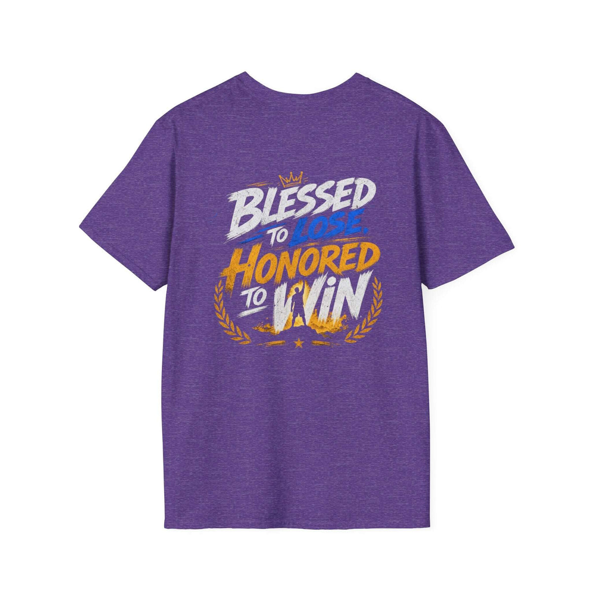 Blessed to Lose, Honored to Win T-Shirt featuring a vibrant graphic on a purple crew neck tee.