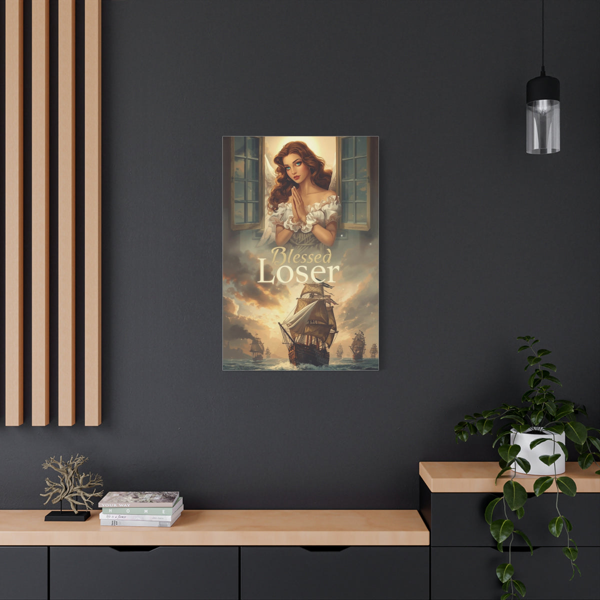 Blessed Loser Design Canvas Wall Art featuring a woman in a serene setting with a ship in the background.