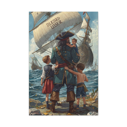 Blessed Loser Canvas Art, Nautical Décor, Blessed Loser Print featuring a pirate and children by the sea, 20" x 30".