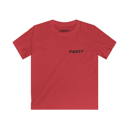 Kids Tee — 'FASTT' Soccer Ball with Crown Graphic Youth футболка in red, featuring a small sporty wordmark on the front.