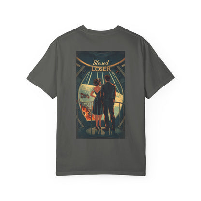 Retro Blessed Loser T-Shirt Comfort Colors in Pepper color featuring artistic design of a couple looking out.