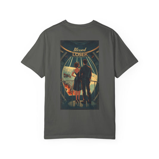 Retro Blessed Loser T-Shirt Comfort Colors in Pepper color featuring artistic design of a couple looking out.