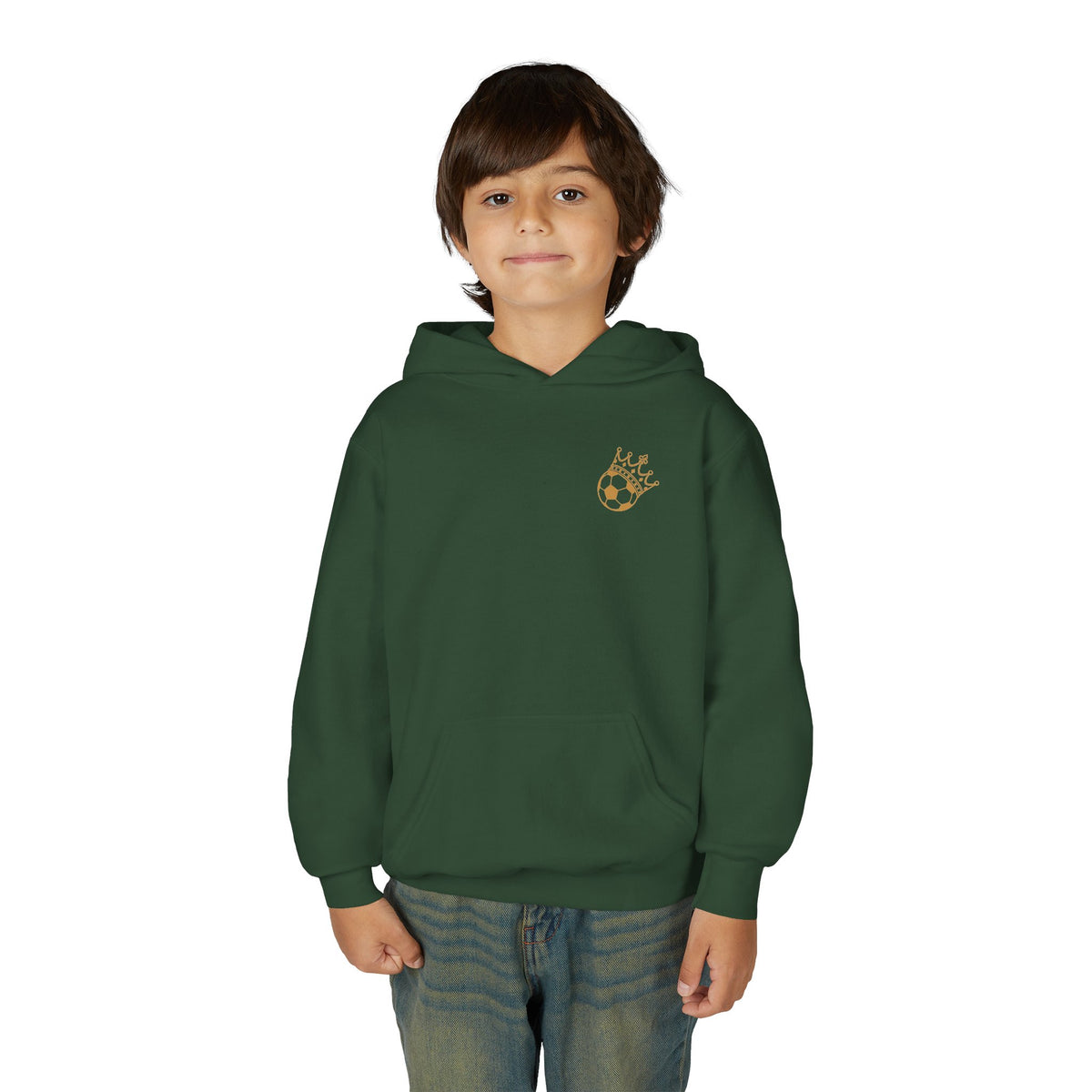 Spartans Youth Hoodie — South Georgia Spartans Soccer Team Logo, green sweatshirt worn by a boy.
