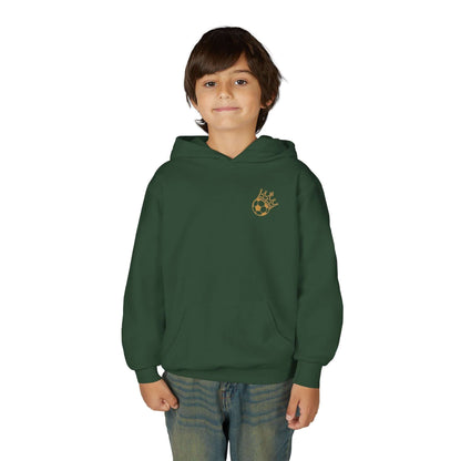 Spartans Youth Hoodie — South Georgia Spartans Soccer Team Logo, green sweatshirt worn by a boy.