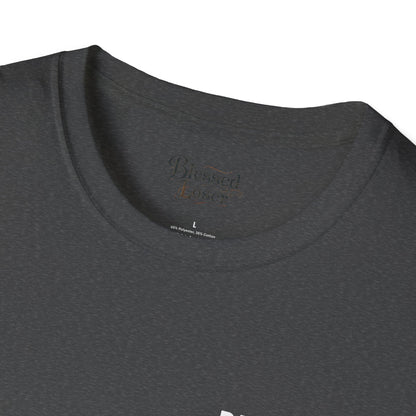 Close-up of the collar and label of the Blessed Loser graphic Tee | T-Shirt in a soft, dark fabric.