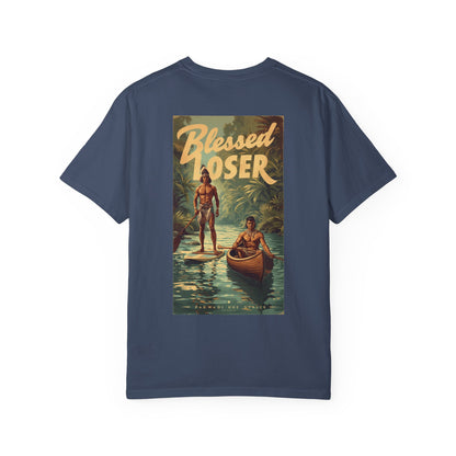 Back view of the Blessed Loser Unisex T-Shirt, River Trip in midnight color featuring vintage graphic design.