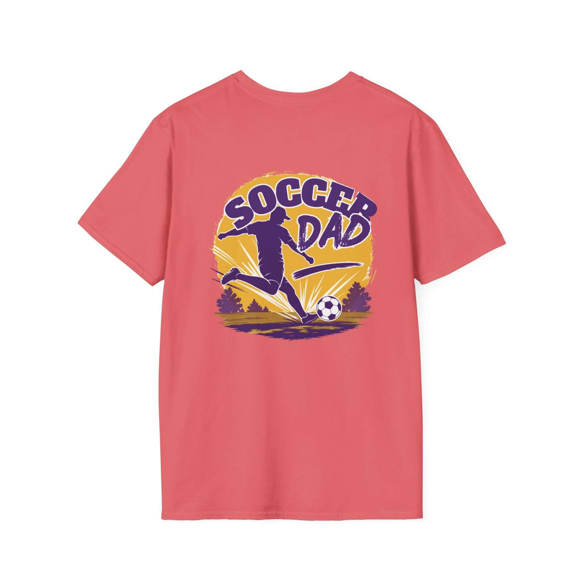 Soccer Dad T-Shirt — Retro Soccer Dad Tee, Father’s Day Gift in coral silk with bold graphic design.