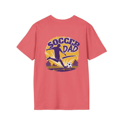 Soccer Dad T-Shirt — Retro Soccer Dad Tee, Father’s Day Gift in coral silk with bold graphic design.