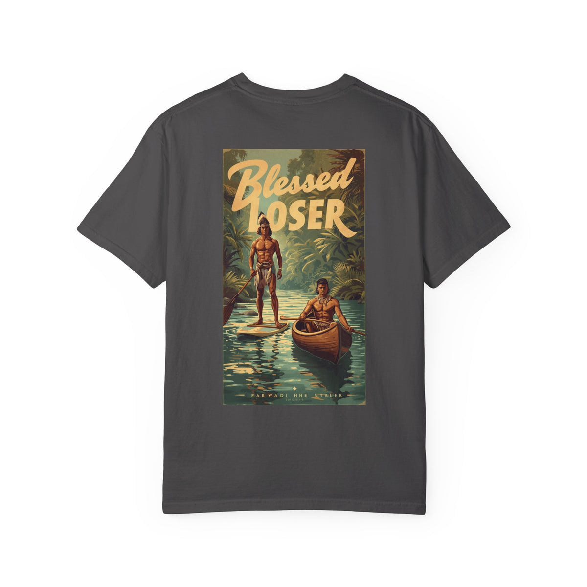 Blessed Loser Unisex T-Shirt, River Trip in graphite with vintage river trip graphic on back.
