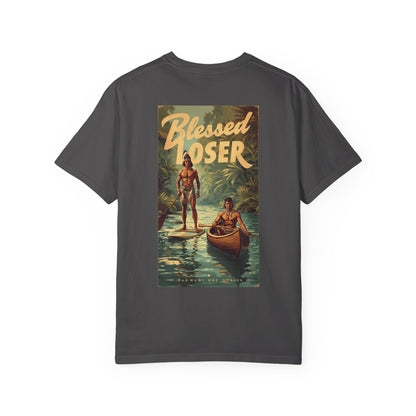 Blessed Loser Unisex T-Shirt, River Trip in graphite with vintage river trip graphic on back.
