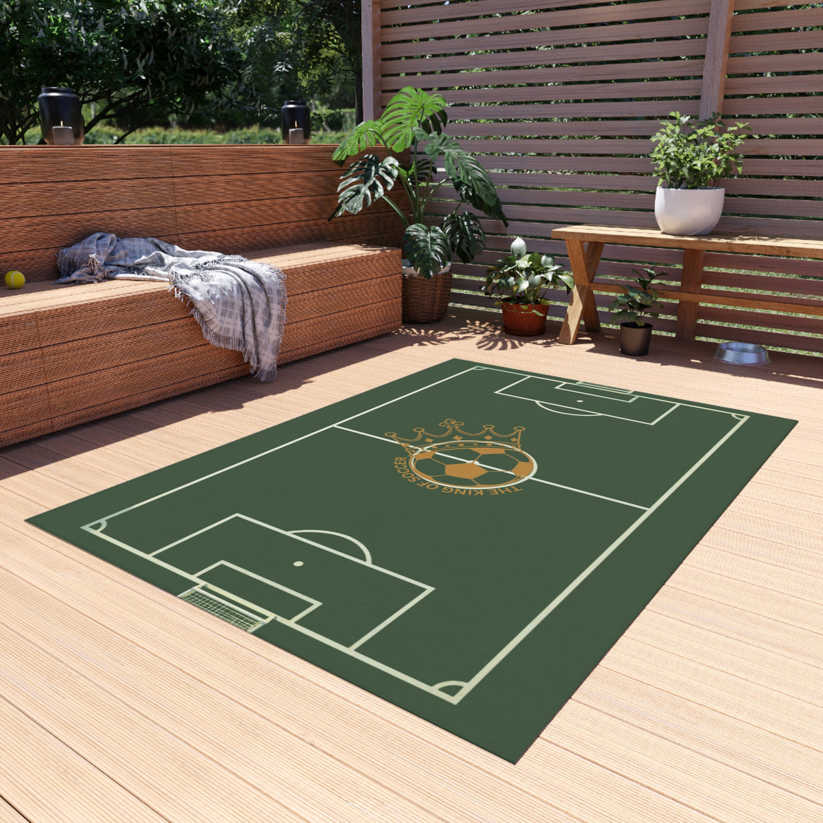 Soccer Field Outdoor Rug — Crowned Soccer Ball Design for Patio & Game Rooms