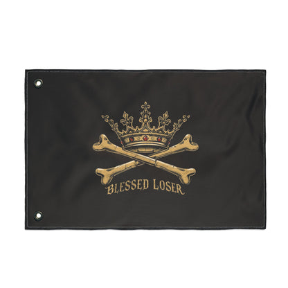 Double-Sided Blessed loser pirate flag featuring a crown and crossed bones design on durable fabric.