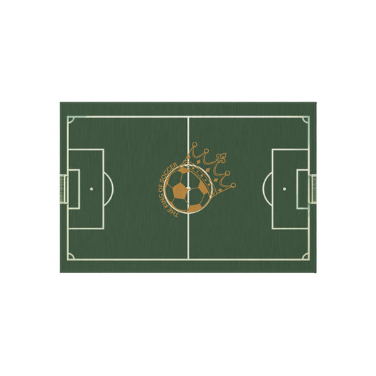 Soccer Field Outdoor Rug — Crowned Soccer Ball Design for Patio & Game Rooms with field markings and crown logo.