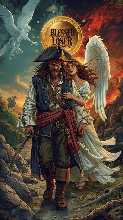 Blessed Loser Captain an Wife Pocket T-Shirt design featuring a pirate and angel in a dramatic landscape.