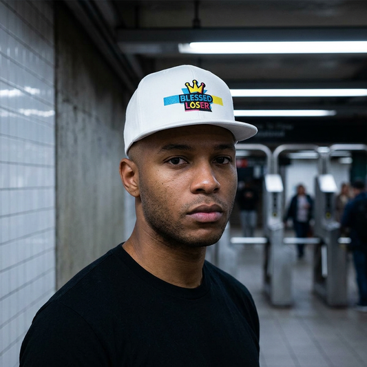 Snapback Hat — "Blessed Loser" Crown Embroidered Flat Bill Cap