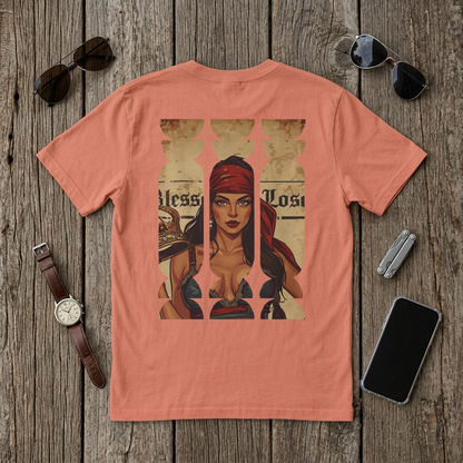 Pirate Woman Illustration T-Shirt | Blessed Loser Graphic Tee in terracotta with vintage pirate design on back.