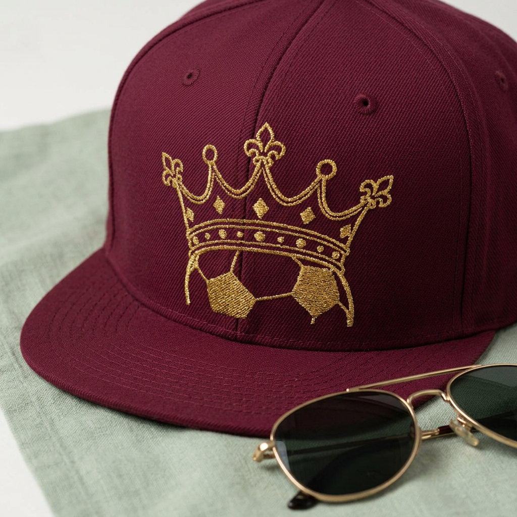 King of soccer Crown Snapback Hat — Bling Gold Crown Design (Black & Purple)