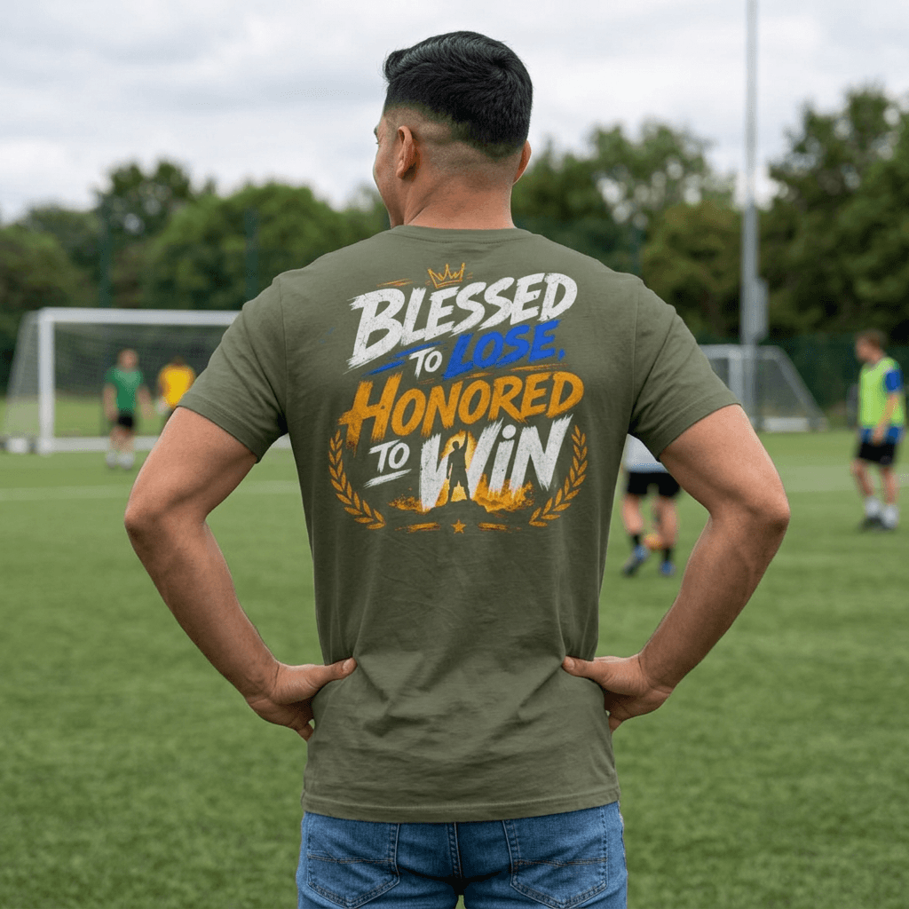 Man wearing a Military Green Blessed to Lose, Honored to Win T-Shirt on a field, showcasing the back graphic.