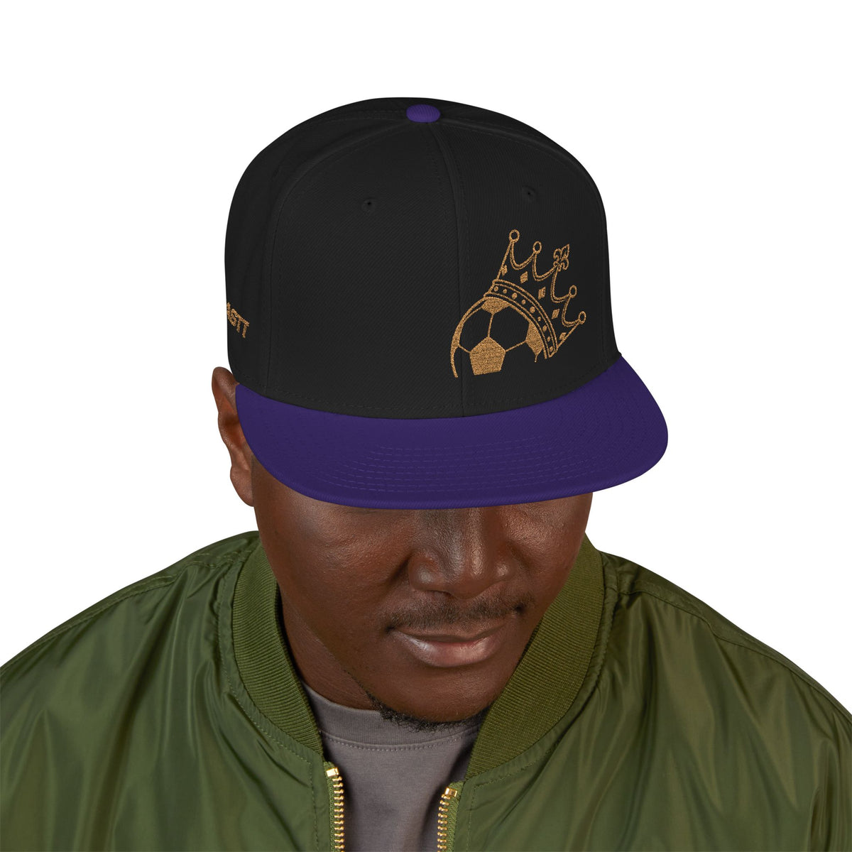 King of soccer Crown Snapback Hat — Bling Gold Crown Design (Black & Purple)