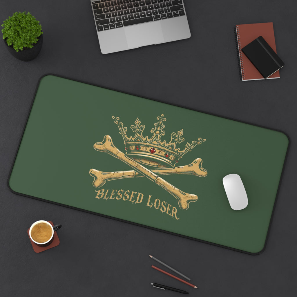Blessed Loser Desk Mat — Crown & Crossbones Green Gaming/Office Mouse Pad