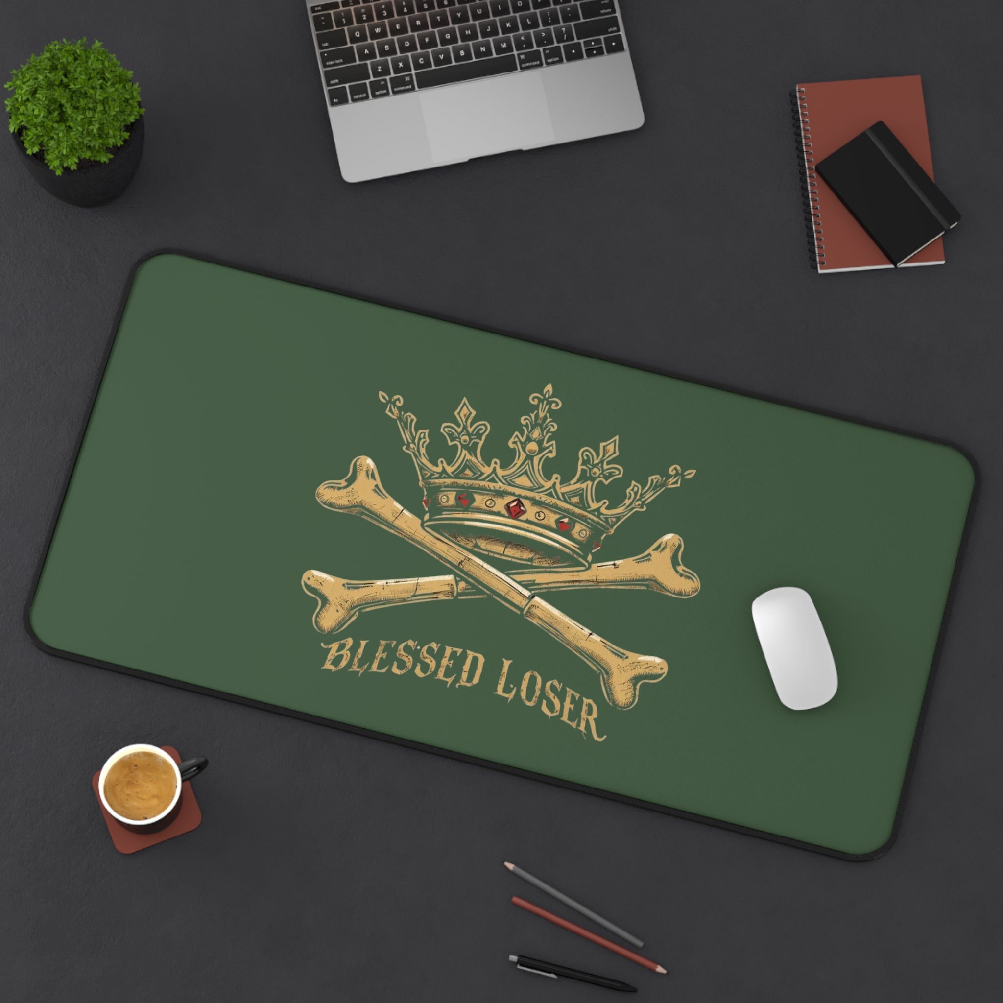 Blessed Loser Desk Mat — Crown & Crossbones Green Gaming/Office Mouse Pad