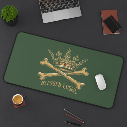 Blessed Loser Desk Mat — Crown & Crossbones Green Gaming/Office Mouse Pad with vintage crown design.