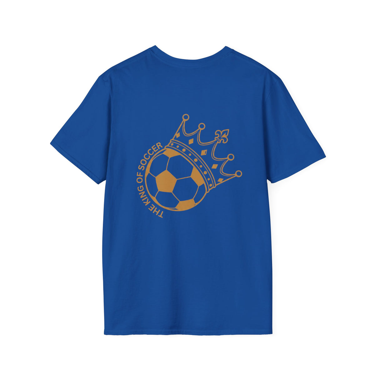 The King of Soccer Crown Graphic T-Shirt in vibrant blue with a golden crown and soccer ball design on back.
