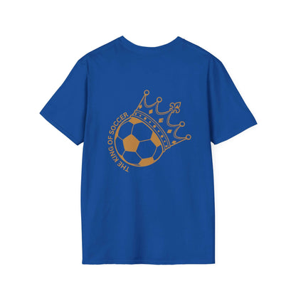 The King of Soccer Crown Graphic T-Shirt in vibrant blue with a golden crown and soccer ball design on back.