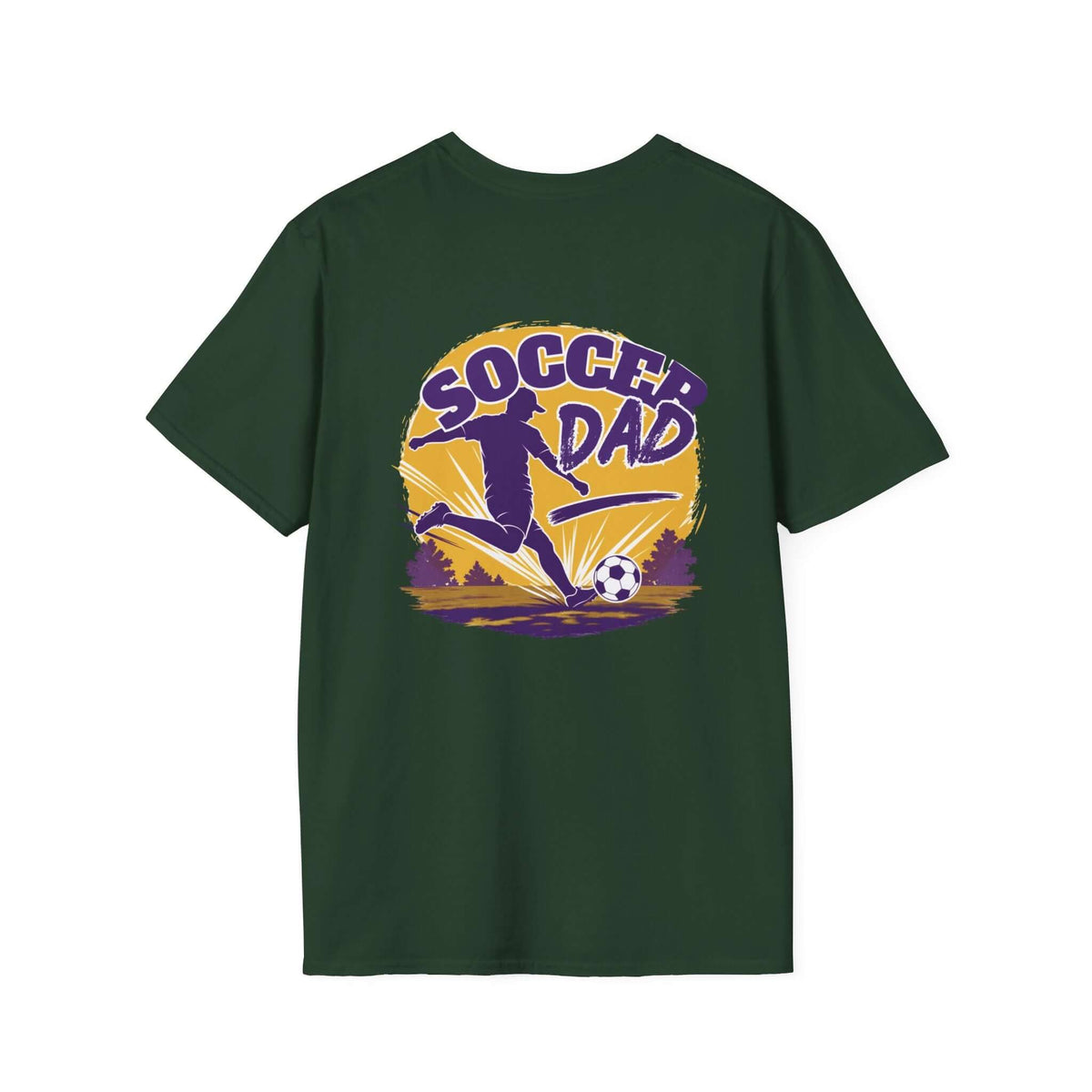 Soccer Dad T-Shirt — Retro Soccer Dad Tee, Father’s Day Gift on a forest green shirt with retro soccer graphic.