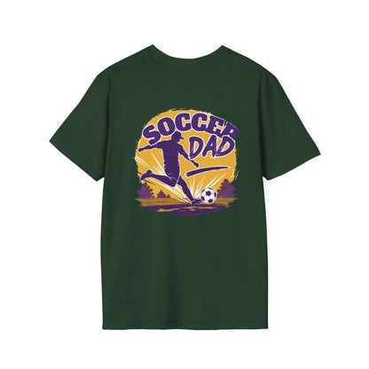 Soccer Dad T-Shirt — Retro Soccer Dad Tee, Father’s Day Gift on a forest green shirt with retro soccer graphic.