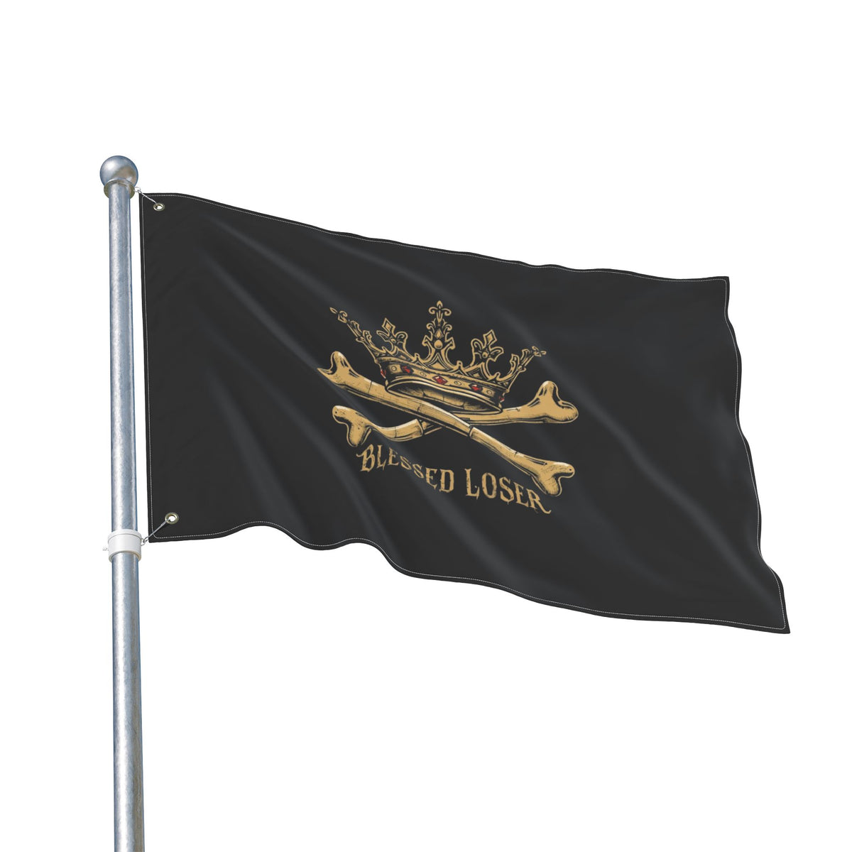 Double-Sided Blessed loser pirate flag waving on a pole with a black background and gold design elements.