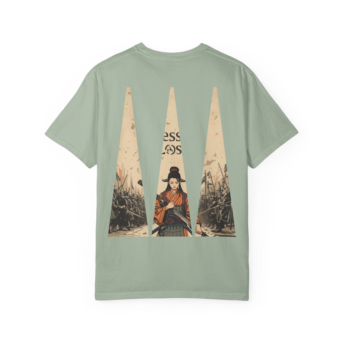 Blessed Loser T-Shirt — Vintage Samurai Triangle Back Print showcasing a vintage illustration on a pale green cotton tee.