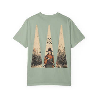 Blessed Loser T-Shirt — Vintage Samurai Triangle Back Print showcasing a vintage illustration on a pale green cotton tee.