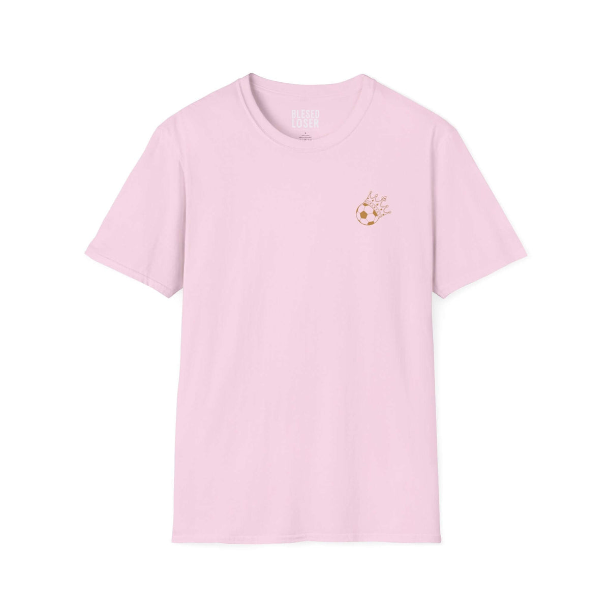 Blessed to Lose, Honored to Win T-Shirt in light pink, featuring a unique gold and blue graphic.